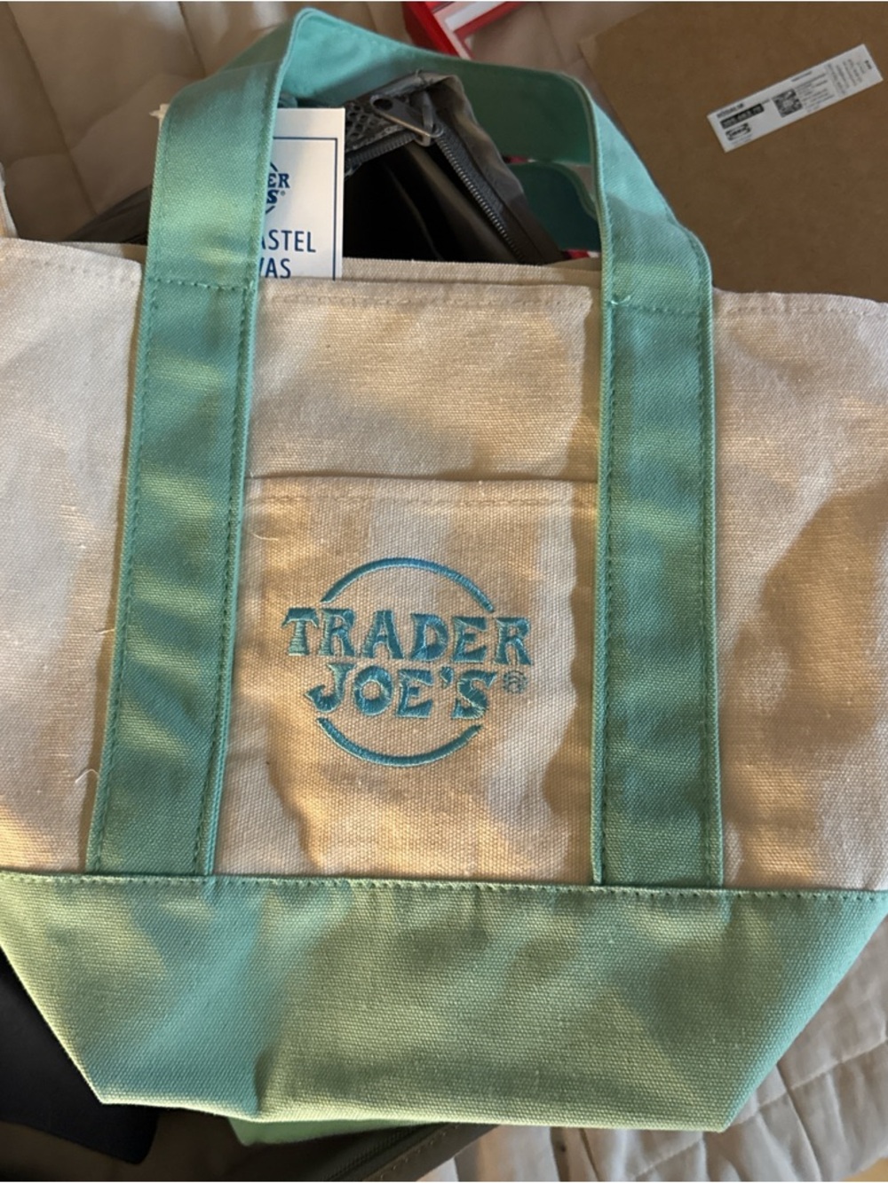 Trader Joe's Canvas Tote in Mint Green and Natural